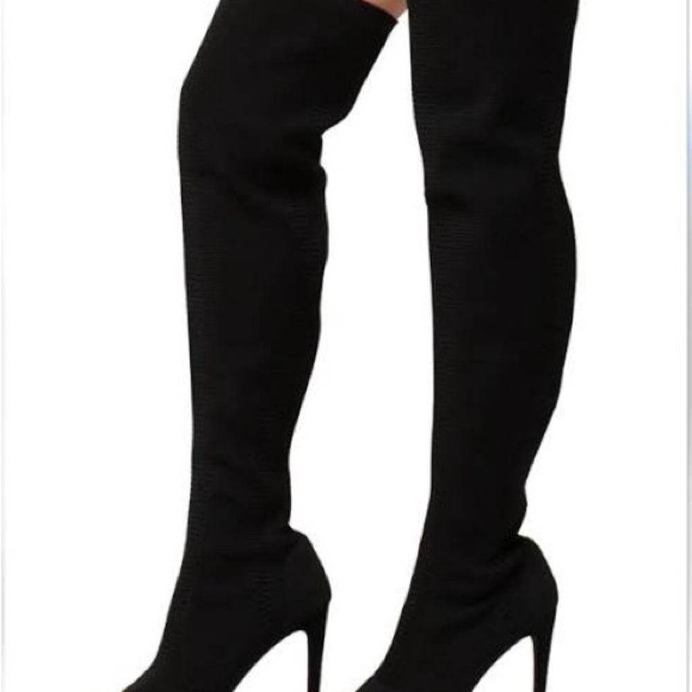 CAPE ROBBIN ELNORA THIGH HIGH STILETTO OPEN TOE BLACK WOVEN BOOTS SZ 8.5 - Picture 6 of 8